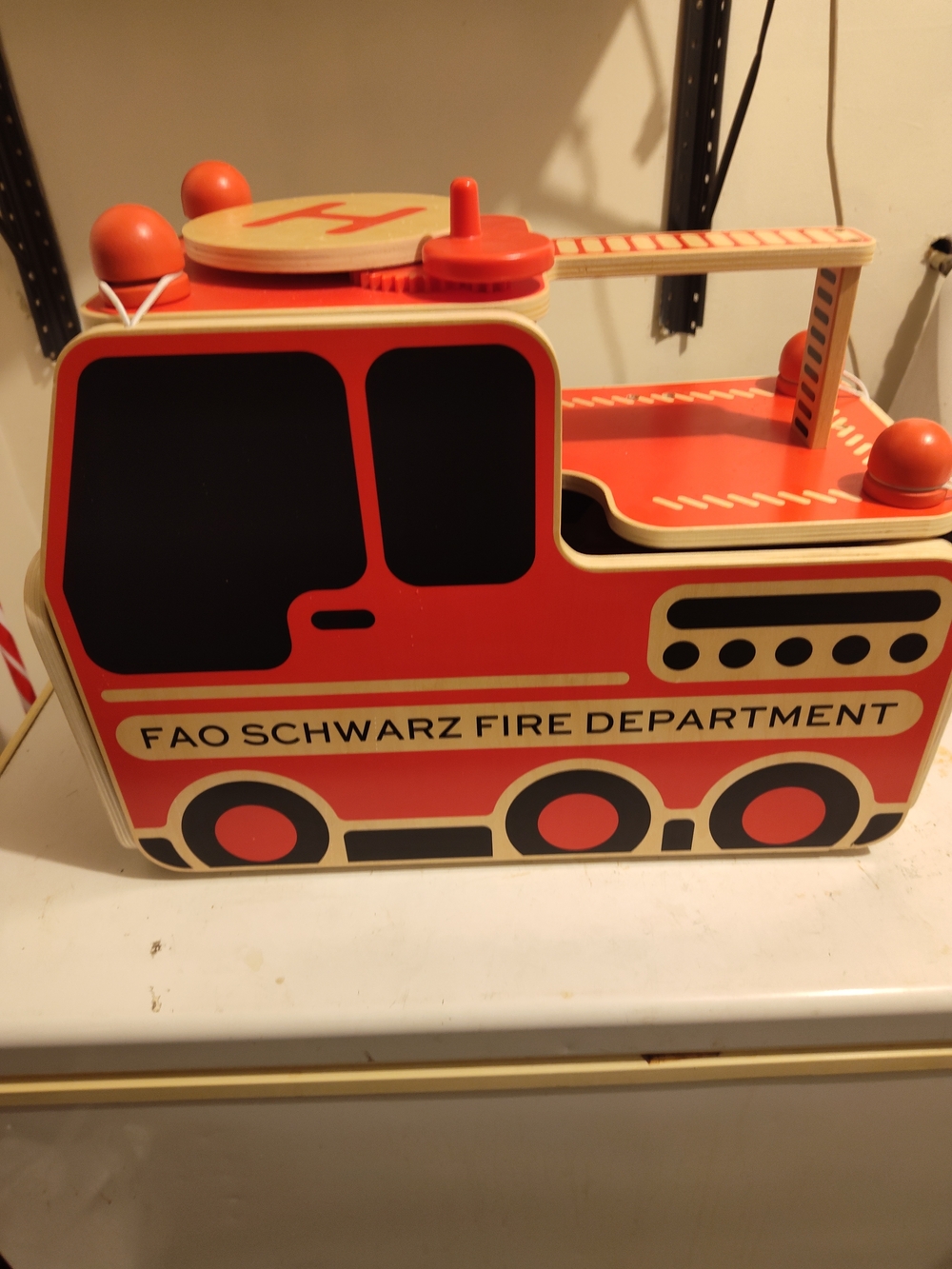 FAO Schwarz Red and Black Wooden Fire Truck Toy